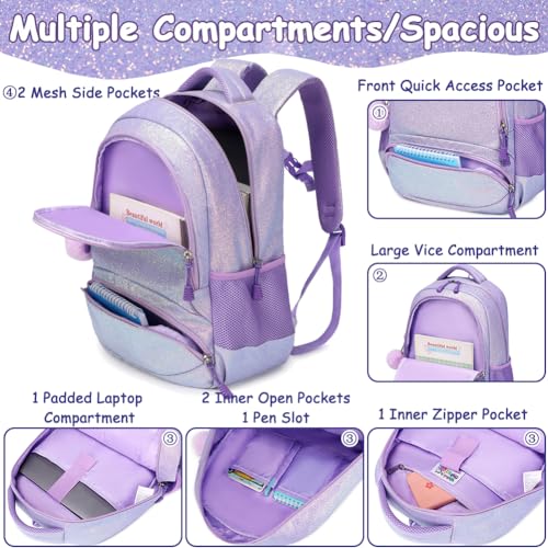 Meisohua School Backpack for Girls Shiny Glitter Sparkly Bookbag for Kids Elementary Middle School Bags for Girl Blingbling Purple - color: Glitter Purple