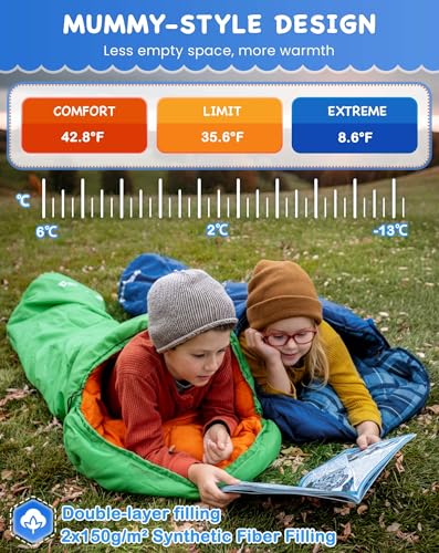 KingCamp 45°F Kids Sleeping Bag, Lightweight Waterproof & Compact Flannel Sleeping Bags Cold Weather & Warm Youth Essentials Gear Accessories for Camping, Fits 10-12 Children up to 4'7"-5'5" Tall - color: Mummy 8.6°F ~42.8°F Navy