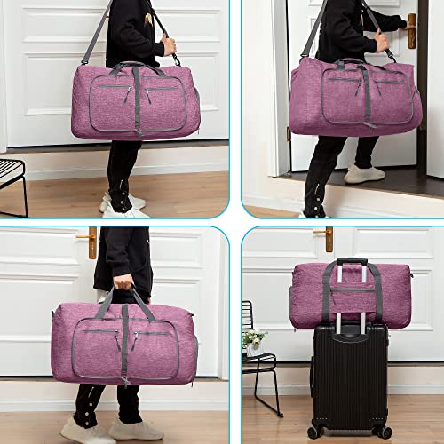 Vomgomfom 65L/85L/115L Foldable Travel Duffle Bag, Lightweight Checked Luggage with Shoe Compartment, Water-Resistant Weekender Overnight Bag for Men & Women - color: I Purple, size: 85L