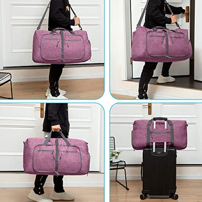 Vomgomfom 65L/85L/115L Foldable Travel Duffle Bag, Lightweight Checked Luggage with Shoe Compartment, Water-Resistant Weekender Overnight Bag for Men & Women - color: I Purple, size: 85L