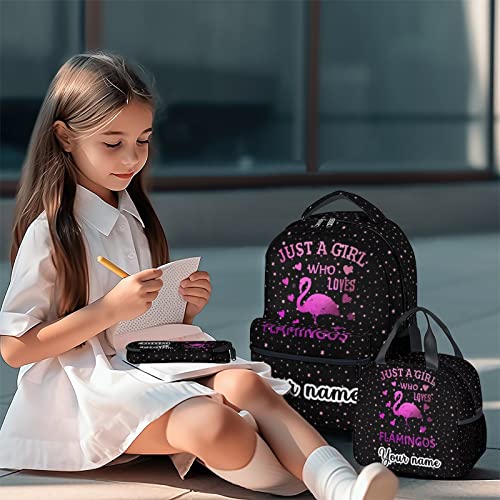 Personalized Flamingo Backpack with Lunch Box - Set of 3 School Backpacks Matching Combo - Cute Pink Bookbag and Pencil Case Bundle - color: Color-4-3