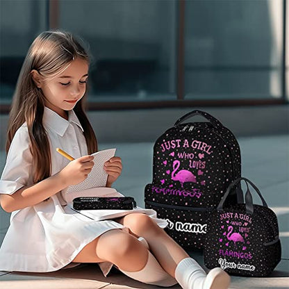 Personalized Flamingo Backpack with Lunch Box - Set of 3 School Backpacks Matching Combo - Cute Pink Bookbag and Pencil Case Bundle - color: Color-4-3
