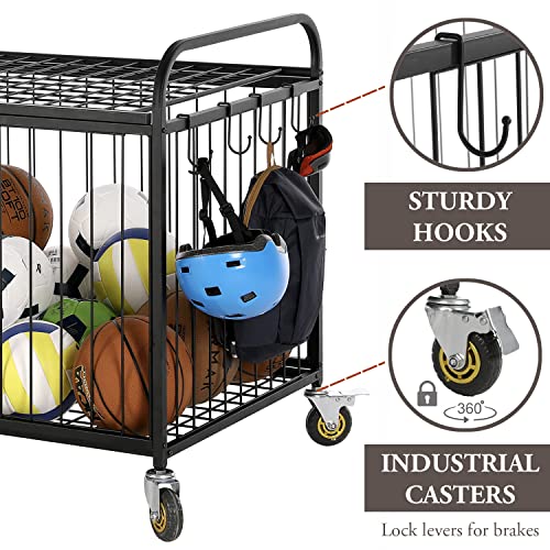 MyGift Large Capacity Metal Rolling Multi Sports Ball Cage Storage Hopper, Gym Equipment Basket Cart with Lockable Latch, Heavy Duty Caster Wheels, and 8 Accessory Hooks - color: Black
