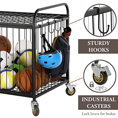 MyGift Large Capacity Metal Rolling Multi Sports Ball Cage Storage Hopper, Gym Equipment Basket Cart with Lockable Latch, Heavy Duty Caster Wheels, and 8 Accessory Hooks - color: Black