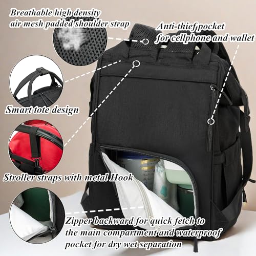 Diaper Bag Backpack for Dad and Mom with USB Charging Port Stroller Straps and Insulated Pocket,army military Travel Nappy Backpack for Daddy/Mommy (Black) - color: Black