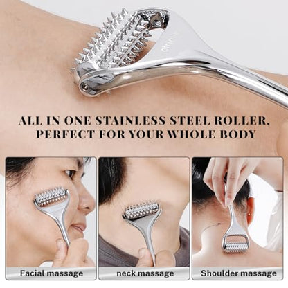 Acupuncture Massage Roller, Stainless Steel, Portable Manual Roller for Whole Body Pain Relief, Puffiness Reduce and Muscle Relaxation Massage