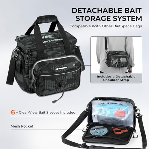 KastKing BaitSpace Fishing Tackle Bag With 4 Tackle Boxes & Removable Bait Binder, Water-Resistant Tackle Storage, Durable Fishing Gear, Adjustable Shoulder Strap - color: A: Black Camo, size: Medium - 4*3600 Trays