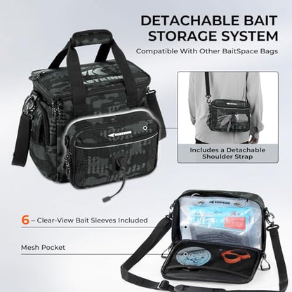 KastKing BaitSpace Fishing Tackle Bag With 4 Tackle Boxes & Removable Bait Binder, Water-Resistant Tackle Storage, Durable Fishing Gear, Adjustable Shoulder Strap - color: A: Black Camo, size: Medium - 4*3600 Trays