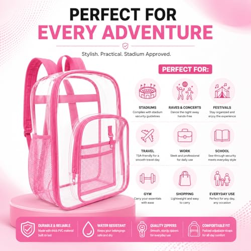 Winterlace Clear Backpack Stadium Approved Heavy Duty PVC Waterproof Transparent Backpack Travel, Concerts, Festivals, Work (Purple) - color: Purple