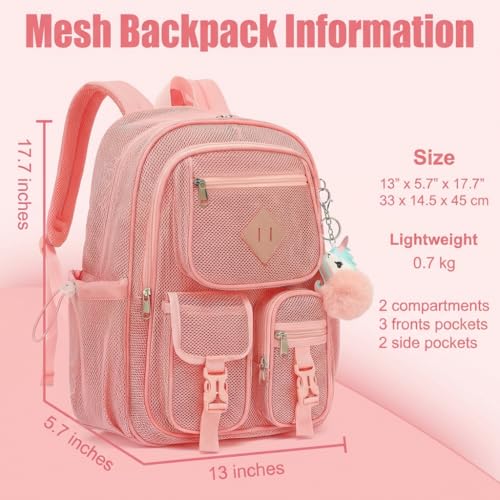 Mesh Backpack for Girls Boys, Heavy Duty Semi-Transparent Mesh Bookbag Womens Mens Mesh Backpacks for School, Sports, Beach, Swimming, Travel - Light Pink - color: Light Pink