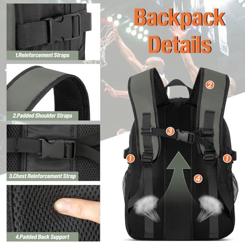 OCKLILY Basketball Backpack - Large Sports Equipment Bag with Ball Holder & Shoe Compartment, Sport Bags for Basketball, Soccer, Volleyball, Gym, School and Travel, 30L - color: Grey
