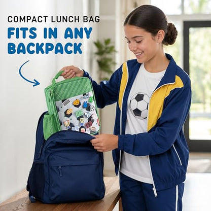 Fit & Fresh Customizable Charm Lunch Bag for Boys & Girls, Soccer Kids Lunch Box with 6 Sports Charms, Premium Insulated Reusable Lunch Tote for School - color: Pitch Break Soccer