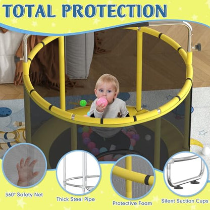 Trampoline for Kids, 55" Indoor & Outdoor Toddler Trampoline, Anti-Rollover Bottom Kids Toys with Adjustable Gymnastics Bars, Toddler Swing, Basketball Hoop - color: Yellow
