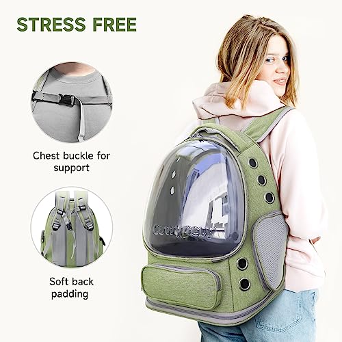 Cawypety Cat Backpack Carrier, Breathable Cat Carrier Large Space Bubble Pet Backpack for Kitty Small Dog up to 15lbs, Transparent & Foldable Pet Carrier for Travel Hiking - color: Green