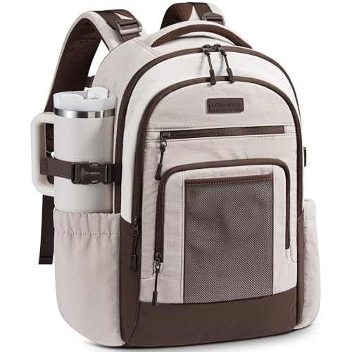 LOVEVOOK Laptop Backpack for Women with Large Cup Holder,15.6 Inch Work Computer Bag with Chest Buckle Back Pad Shoulder Buckle,Waterproof Business Backpack College Teacher Bag for Gift Travel - color: Off White-khaki-light Brown, size: 15.6 Inch