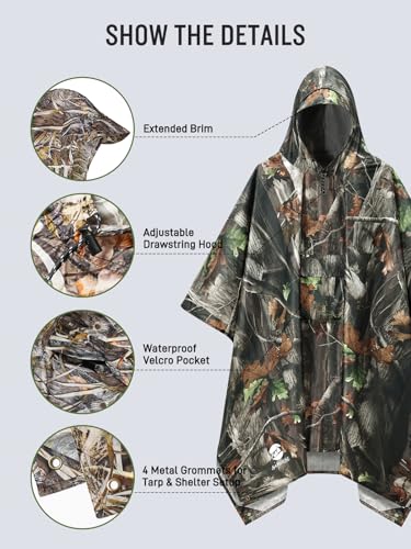 SaphiRose Extra Thick Hooded Rain Poncho Double Layer Waterproof Raincoat Jacket for Men Women Adults - color: Camouflage