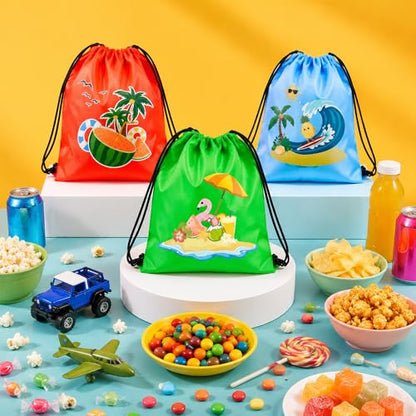 12PCS Summer Pool Birthday Party Gift Treat Goodie Bags for Kids | Lightweight Reusable Drawstring Backpacks for Hawaiian Travel Vacation Beach & Gym for Boys Kids Birthday（11.8 x 9.8 Inch） - color: Hello Summer Bags-12pcs