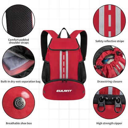EULANT Soccer Backpack with Shoes Compartment, Waterproof Drawstring Bag for Sport Gym Swim Yoga Travel Football Volleyball - color: Upgraded Red