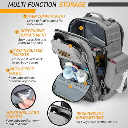 SHARKMOUTH Baby Diaper Bag for Dad - Military Diaper Backpack with Patches for Outdoor Hiking Travel Camping Park - Baby Shower Gifts Gray - color: Gray