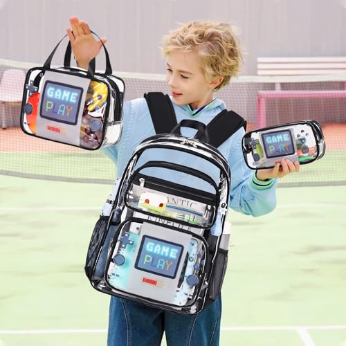 ACESAK Clear Backpack for Boys Girls - 3 Pcs Clear Heavy Duty with Lunch Bag - See Through Backpack Stadium Approved (Black Game) - color: Black Game