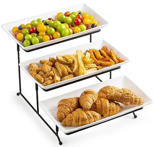 LYEOBOH Tiered Serving Stand and Platters Set, Large Tiered Tray Stand, 3 Tier Serving Tray with Collapsible Sturdier Rack, 12 Inches Tier Serving Platter for Party, Display, Dessert, and Cupcake - color: Black, style: 12inch Rectangle platter