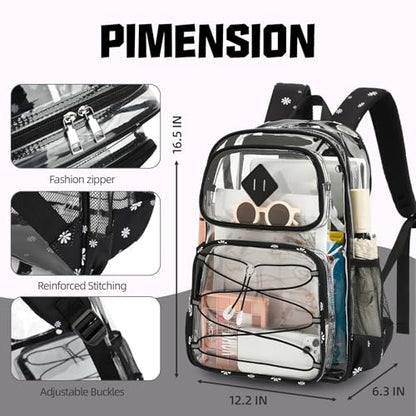 Clear Backpacks for Girls Women, Heavy Duty PVC Transparent Back Pack See Through Boys Kids Clear Bookbags for School Daisy Black - color: Daisy Black