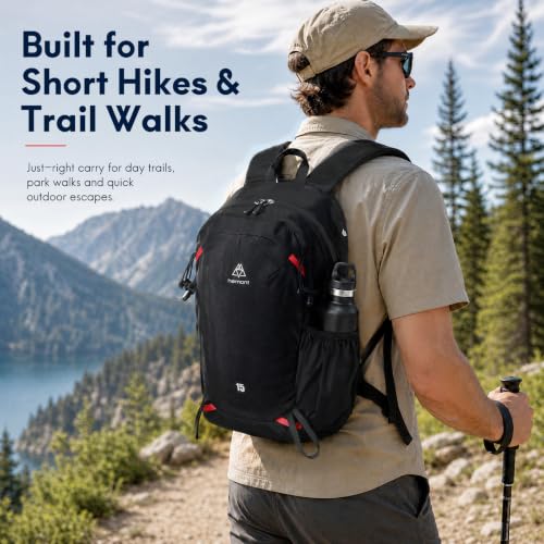 Haimont 15L Lightweight Hiking Daypack, Black | 1.19 lb Carry, Hydration Sleeve, Trekking Pole Loops, Breathable Back Panel, Whistle - color: Black