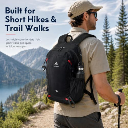 Haimont 15L Lightweight Hiking Daypack, Black | 1.19 lb Carry, Hydration Sleeve, Trekking Pole Loops, Breathable Back Panel, Whistle - color: Black