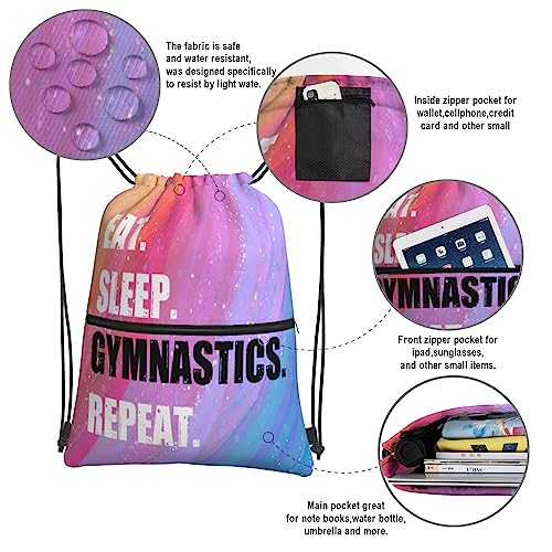 Drawstring Backpack Eat Sleep Gymnastics Repeat, Gym Waterproof String Bag, Outdoor Sports Drawstring Sackpack for Women - color: Eat Sleep Gymnastics Repeat