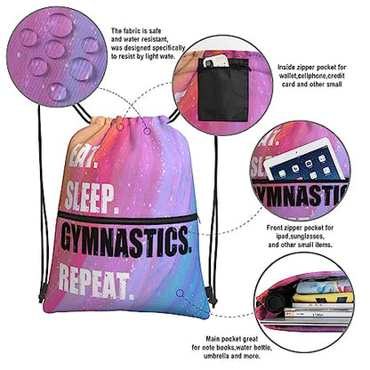 Drawstring Backpack Eat Sleep Gymnastics Repeat, Gym Waterproof String Bag, Outdoor Sports Drawstring Sackpack for Women - color: Eat Sleep Gymnastics Repeat