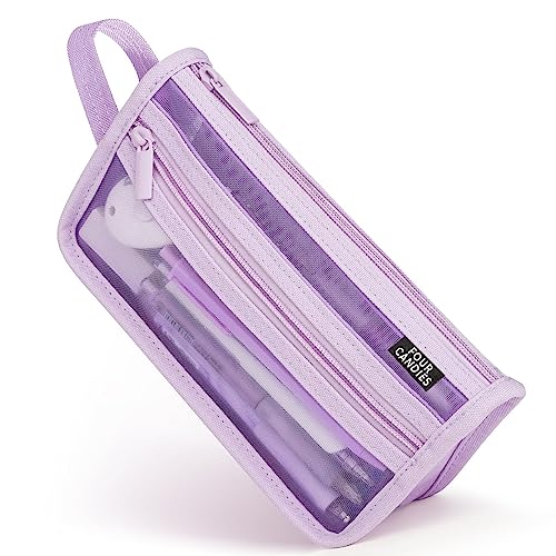 Four Candies Grid Mesh Pencil Case with Handle and Zipper, Clear Double-layer Pencil Pouch Marker Pouch, Travel Makeup Bag, Cute Transparent Stationary Organizer Pen Bag for Adult Office College - color: Purple