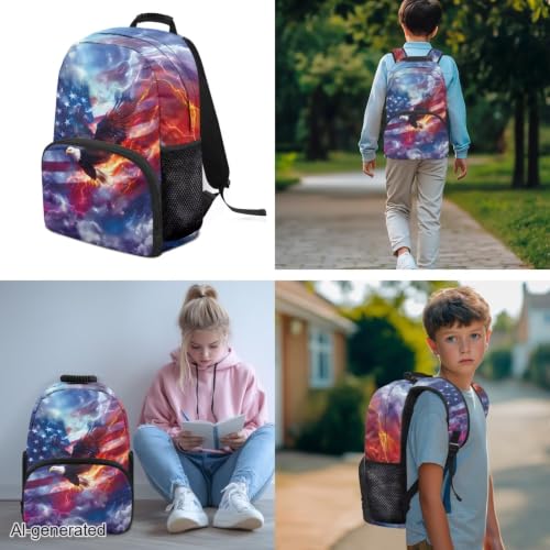 3PCS Kids Backpacks for Teen Girls Boys, Flag Eagle 17 Inch School Bookbag Set with Lunch Bag Pencil Case 3 in 1 Lightweight Daypacks for Middle High School Students - color: Flag Eagle