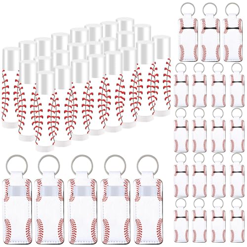 24 Sets Baseball Party Favors Lip Balm and Lipstick Holder Keychain Bulk Sport Ball Team Gifts Natural Moisturizing Lip Balm Keychains Portable Pouch for Team Baseball Sports Party Supplies - style: Baseball