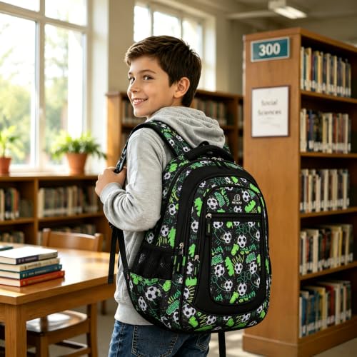 MYGOO Boys School Backpack Vineyard Soccer Green Bookbag for Elementary Middle School Ages 5-12, 17 inch Large Capacity 24L Kids Student Travel Bags - color: Vineyard Soccer Green