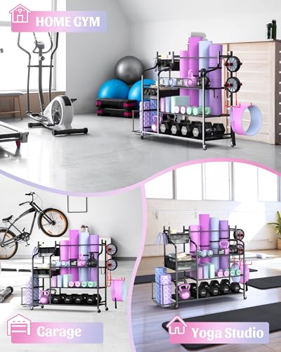 Mythinglogic Weight Rack for Dumbbells, Home Gym Storage for Yoga Mat Dumbbells Kettlebells and Strength Training Equipment, Dumbbell Rack with Wheels and Hanging Hooks - color: Black