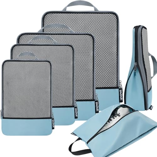 BAGAIL 4 Set/6 Set/8 Set Compression Packing Cubes Travel Accessories Expandable Packing Organizers (Half Mesh, 6-Dusty Blue) - color: 6-Dusty Blue, style: Half Mesh