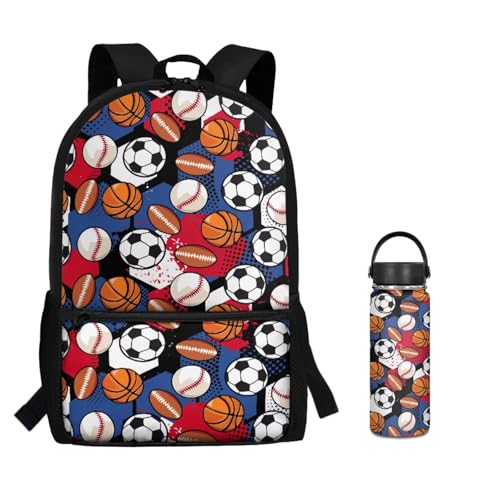 ZOUTAIRONG Cute Backpack and Insulated Water Bottle, Soccer Basketball Rugby School Bags for Boys 7-10/10-12/12-16, Casual Book Bag with Side Pockets - color: Soccer Basketball Rugby