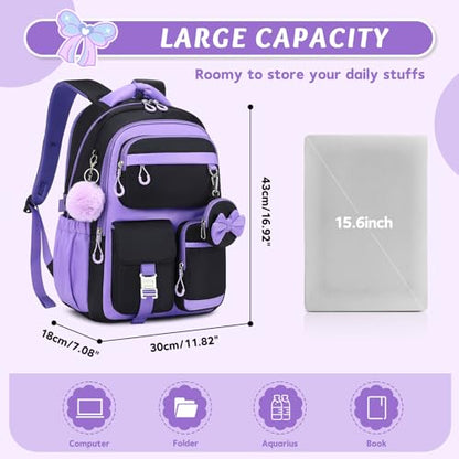 MUSEVOS Kids Teenage Girls Backpack, Elementary/Middle/High Schoolbag, Multi-Compartment Water-resistant Cute Bookbag, 17inch - color: Black-purple