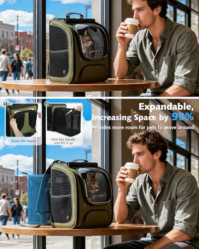 Pecute Expandable Cat Backpack Carrier, Large Space Cat Bubble Backpack, Breathable Cat Carrier, Shaded Dog Backpack Carrier for Travel, Hiking, Vet,12.6" L x 10.2" W x 16.5" H,Green - color: Green(Expandable)