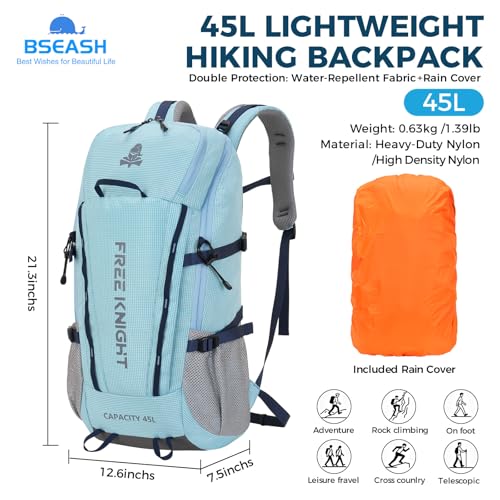 Bseash 45L Waterproof Hiking Camping Backpack with Rain Cover, Outdoor Sport Travel Bag Daypack for Climbing Skiing Cycling (Blue) - color: Blue