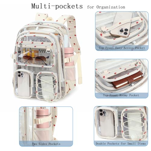 Hidds Clear Backpack for Girls Women Transparent Heavy Duty Bookbag Kids See Through Bag College Backpacks School (Beige Strawberry) - color: Beige Strawberry