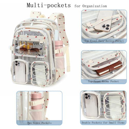 Hidds Clear Backpack for Girls Women Transparent Heavy Duty Bookbag Kids See Through Bag College Backpacks School (Beige Strawberry) - color: Beige Strawberry
