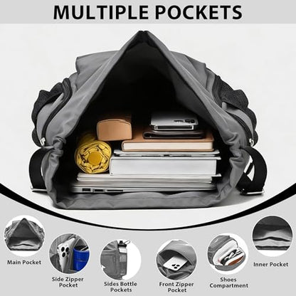 Sport Drawstring Backpack, Gym Bag with Mesh Side Pockets and Separate Shoe Compartment, Water-Resistant (Grey) - color: Grey
