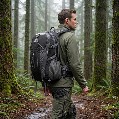 Hiking Backpack, Water Resistant Lightweight Outdoor Daypack with Breathable Padded Back, Multi-Pocket Travel Backpack for Camping Climbing Sports (Black) - color: Black