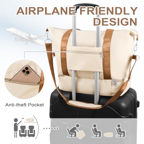WOOMADA Weekender Bag for Women, Travel Duffel Bags with Shoe Compartment & Wet Pocket, Personal Item Bag for Airlines - color: Beige&brown