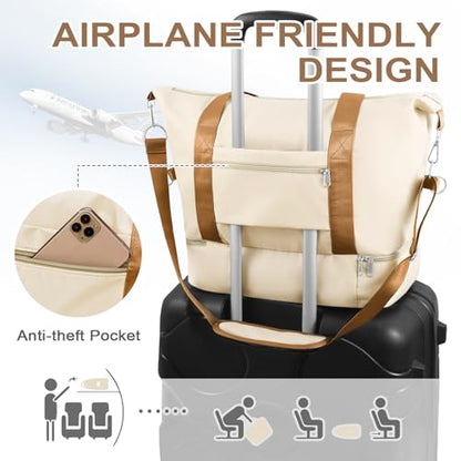 WOOMADA Weekender Bag for Women, Travel Duffel Bags with Shoe Compartment & Wet Pocket, Personal Item Bag for Airlines - color: Beige&brown