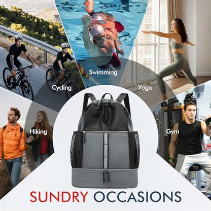 PinCute Drawstring Gym Bag for Men/Women - Mesh Beach Swim Bags Sports Backpack with Wet Pocket&Shoe Compartment, Lightweight - color: Dark Grey