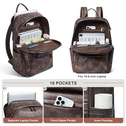 Vegan Leather Backpack for Women and Men, Fits 16.0 Inch Laptop, Multi-Pocket Design with Water Bottle and Luggage Strap, Ideal for Work, Travel, and Daily Use, Coffee - color: 4-1 Coffee