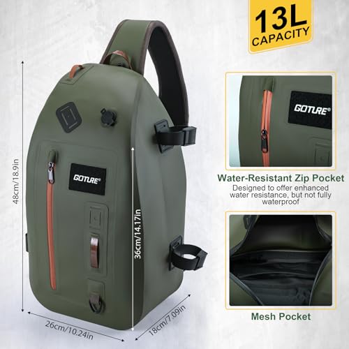 Goture Waterproof Fly Fishing Sling Pack,IPX8 840D TPU Fishing Sling Bag Gear Storage,13L Tackle Backpack with Rod Holder,Airtight Zipper,Exhaust Valve,Adjustable Strap,Wader Bag Included,Gift for Men - color: C1:13L Green Waterproof Bag & Wader Bag
