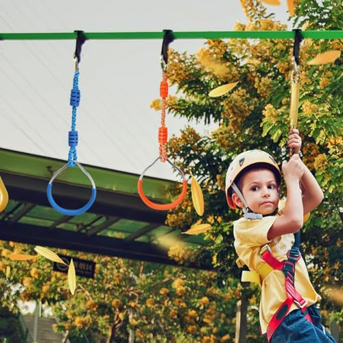 Multi-Color Ninja Rings & Monkey Bars - Adjustable Backyard Obstacle Course for Kids & Adults, Heavy-Duty Gymnastic Swing Rings, Ninjaline Slackline Training Kit (Green) - color: Green